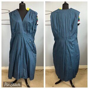 Handmade 40s Plus Size V Neck Jumper Dress Blue and Black Check Print XXL